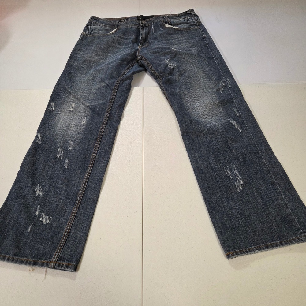 Vigoss Mens 36 Straight Leg Distressed Jeans Blue Medium Wash Ripped Y2K Grunge